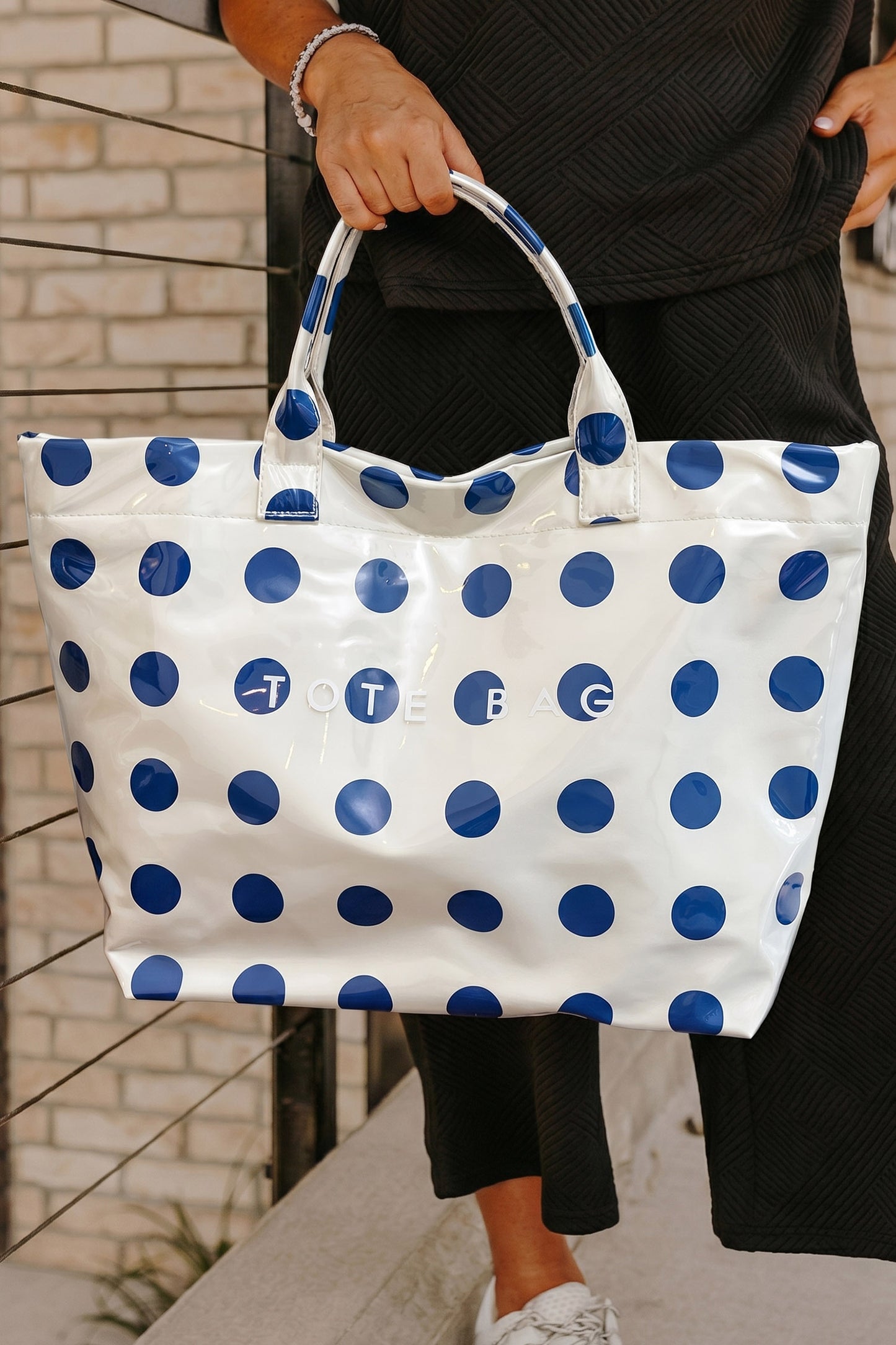 Dark Blue Polka Dot Durable Waterproof PVC Tote Bag
