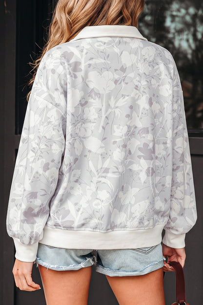 Gray Floral Print Quarter Zip Stand Neck Long Sleeve Sweatshirt
