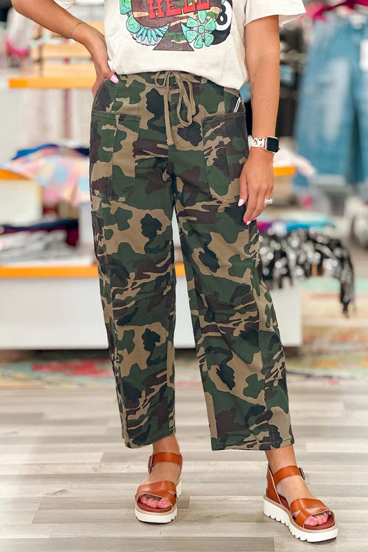 Green Camouflage Print Drawstring Patch Pocket Ankle Length Jeans