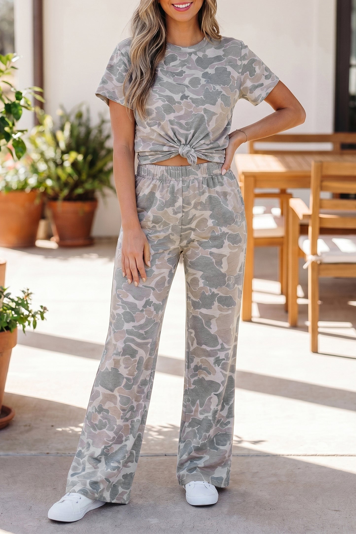 Multicolour Camouflage Short Sleeve Top and High Waist Wide Leg Pants Set