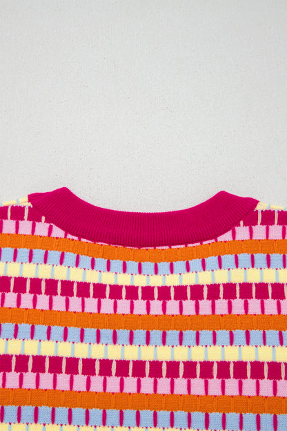 Rose Red Abstract Striped Knit Short Sleeve Sweater