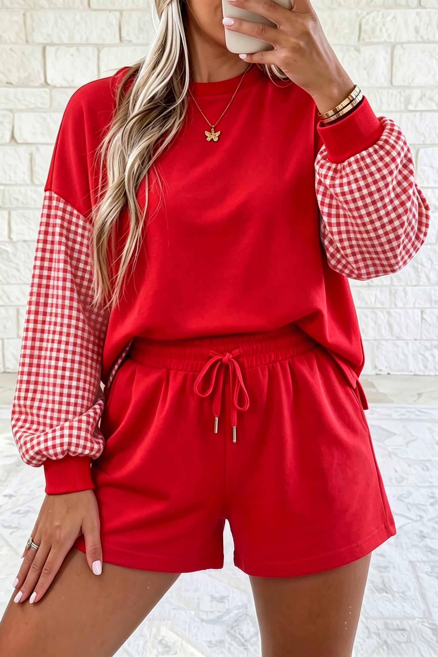 Red Plaid Patchwork Long Sleeve Top Solid Drawstring Shorts Set