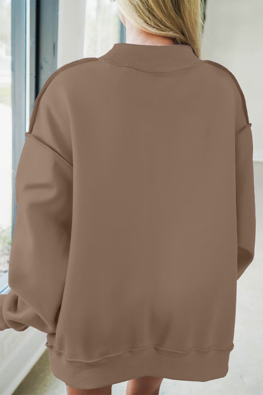 Dark Khaki JESUS Letter Patch Graphic Exposed Seam Mock Neck Baggy Sweatshirt
