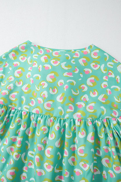 Green Abstract Printed Lace-up Lantern Sleeve Babydoll Blouse