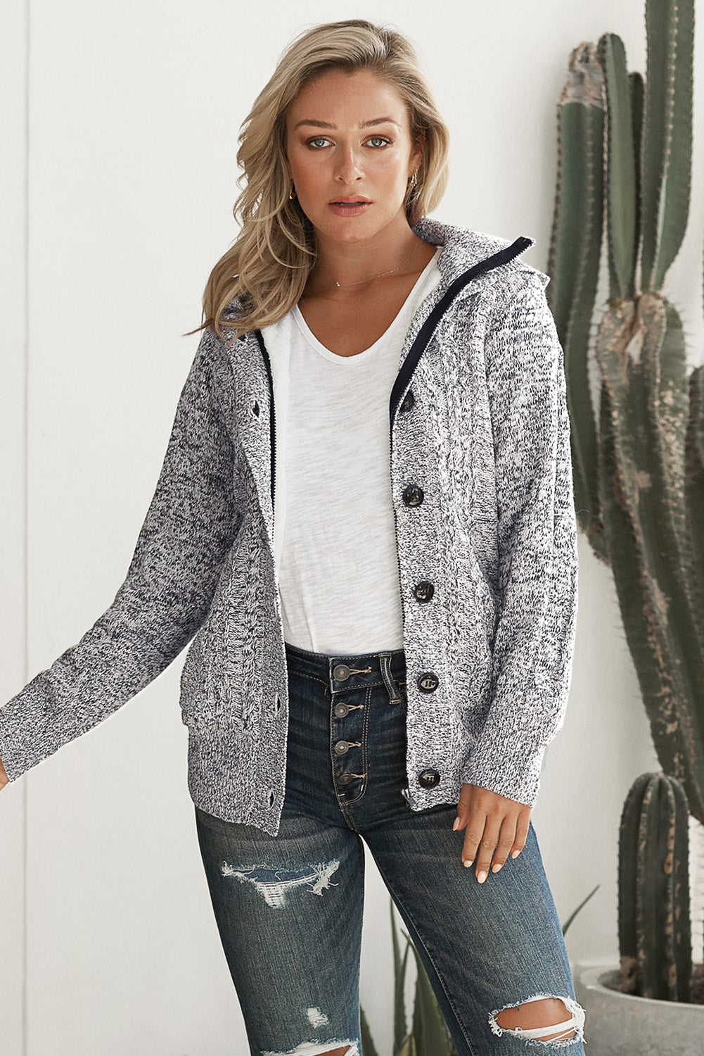 Dark Gray Long Sleeve Button-up Hooded Cardigans