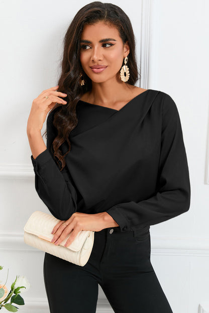 White Solid Asymmetric V Neck Long Sleeve Satin Blouse