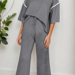 Medium Grey Contrast Trim Half Sleeve Top Drawstring Pants Loose 2pcs Sweater Suit