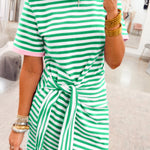Green Stripe Nautical Tie Contrast Trim Round Neck T Shirt Mini Dress