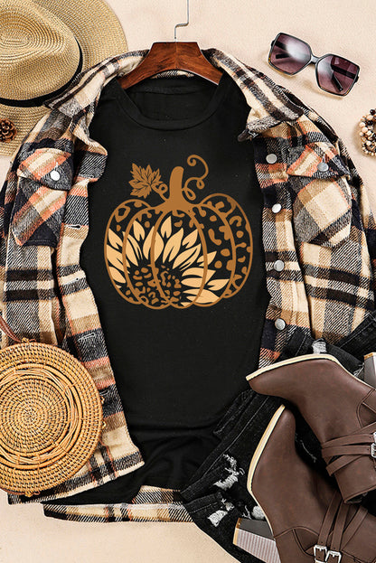 Camiseta negra con gráfico de calabaza y girasol de Halloween