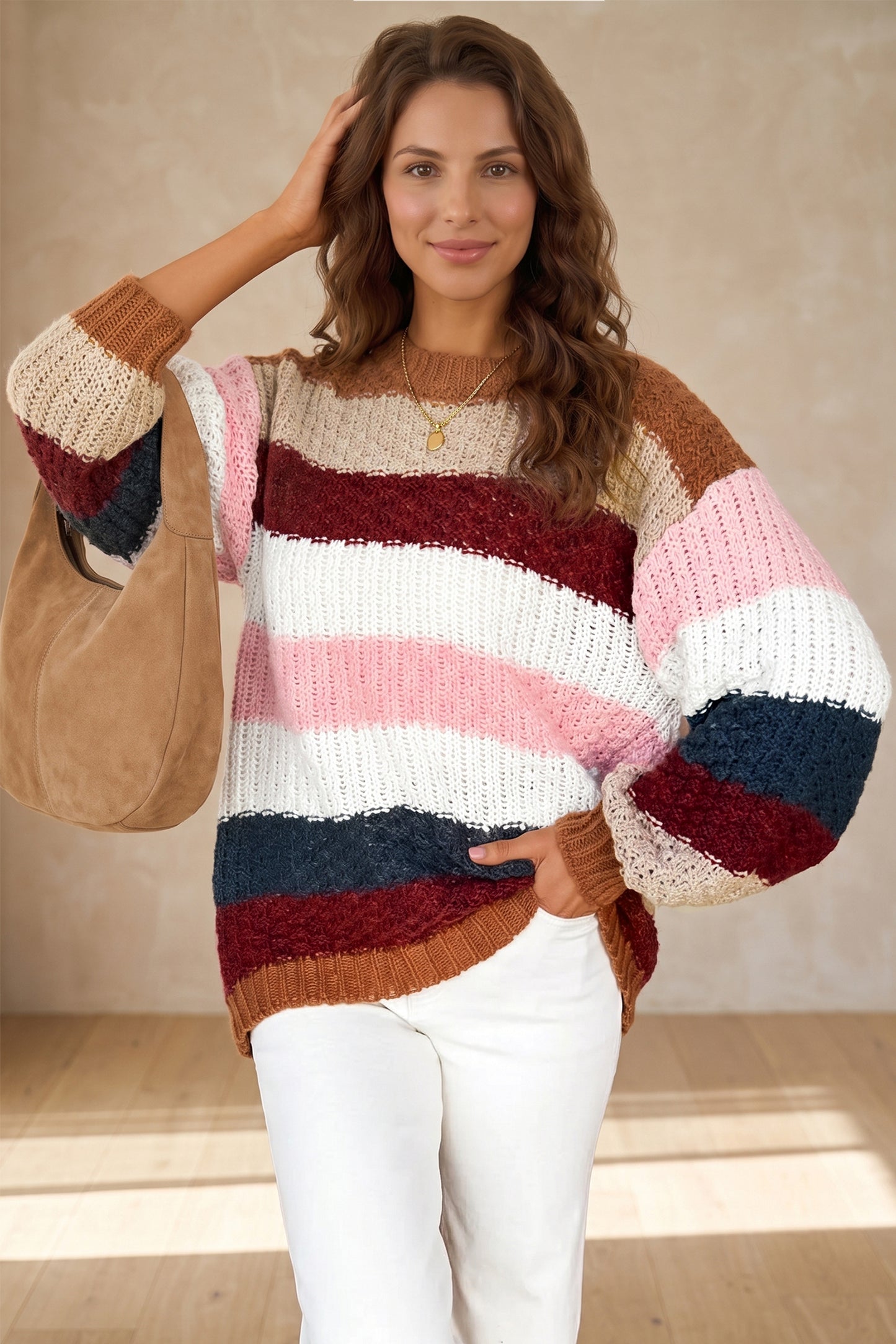 Multicolour Striped Knit Dropped Shoulder Round Neck Pullover Sweater