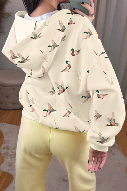 Beige Cozy Duck Print Zip-Up Hoodie