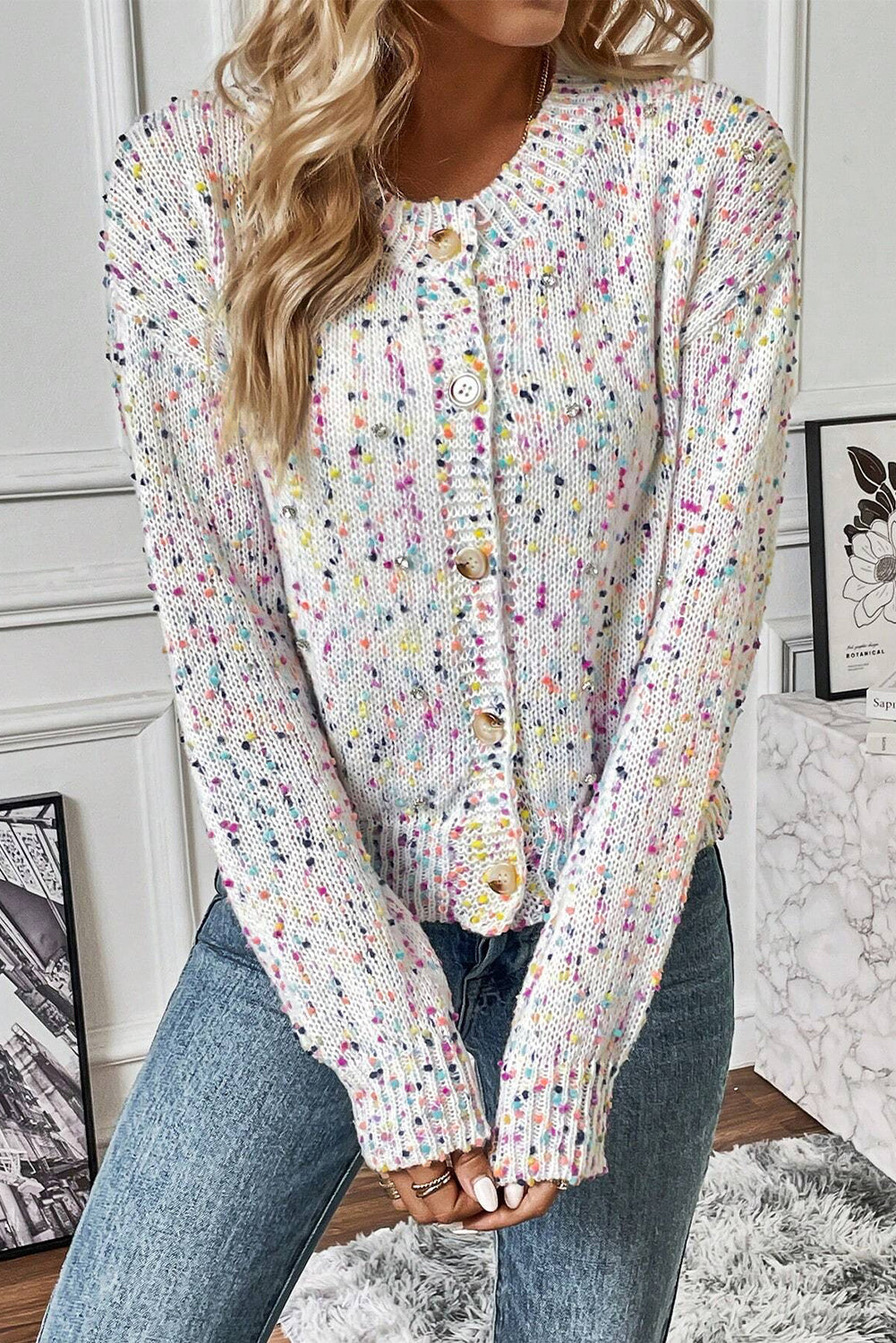 Cardigan blanc à confettis multicolores