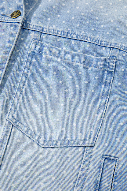 Sky Blue Polka Dot Long Sleeve Collar Pocket Casual Shift Silhouette Denim Jacket