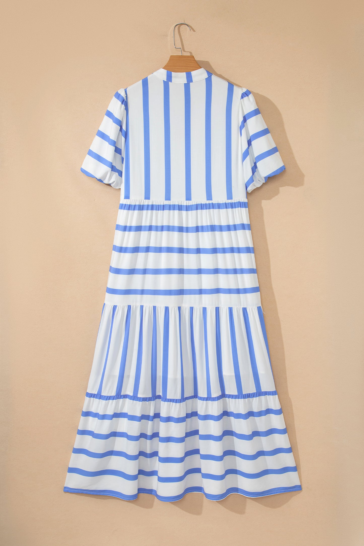 Sky Blue Stripe Ricrac Trim Notched Neck Half Sleeve Vacation Dress