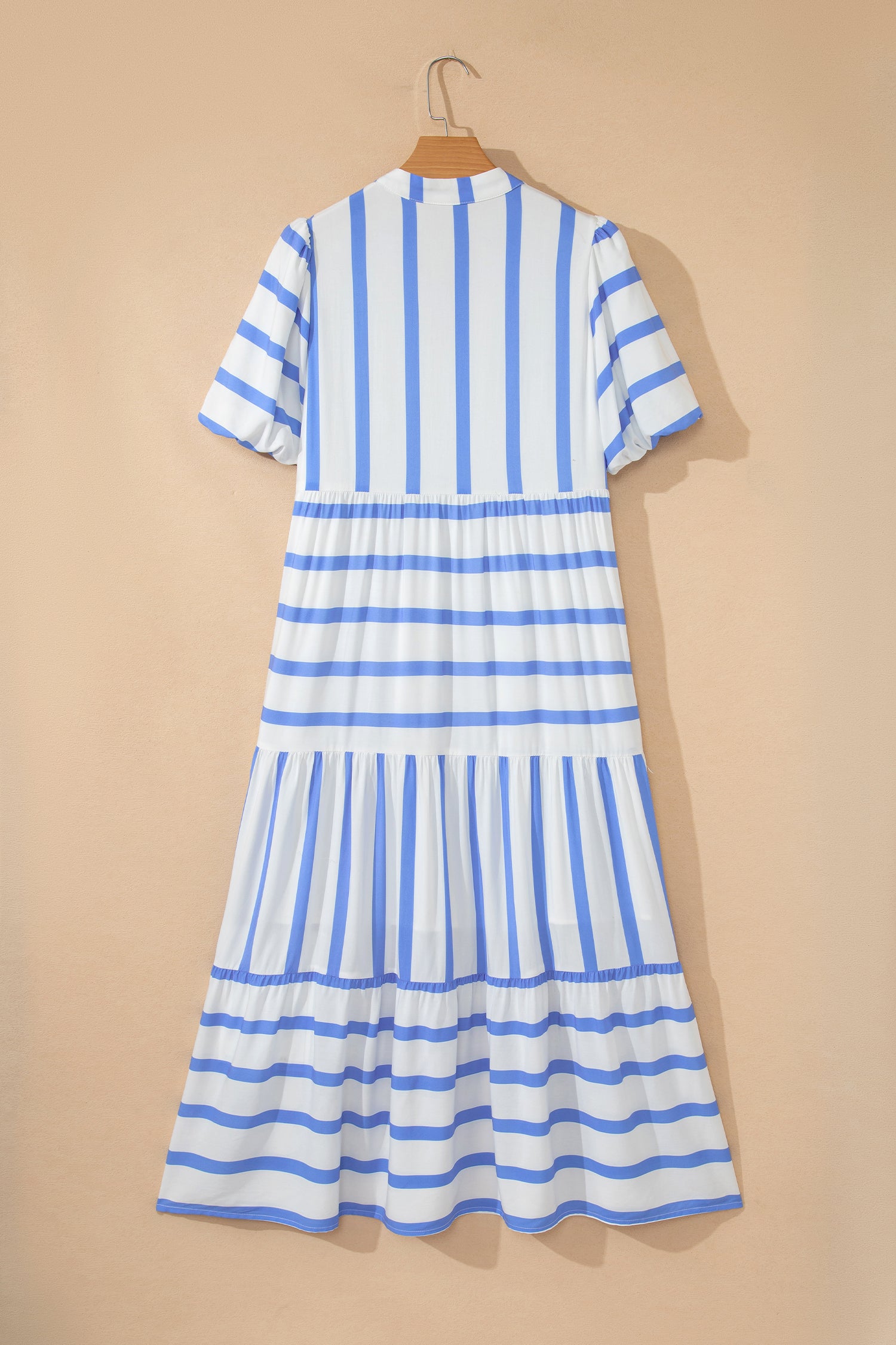 Sky Blue Stripe Ricrac Trim Notched Neck Half Sleeve Vacation Dress