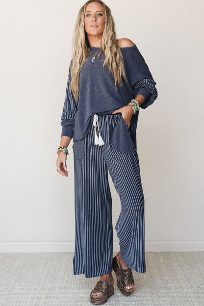 Real Teal Raw Seam Patchwork Long Sleeve Top Pocket Casual Pants 2pcs Set