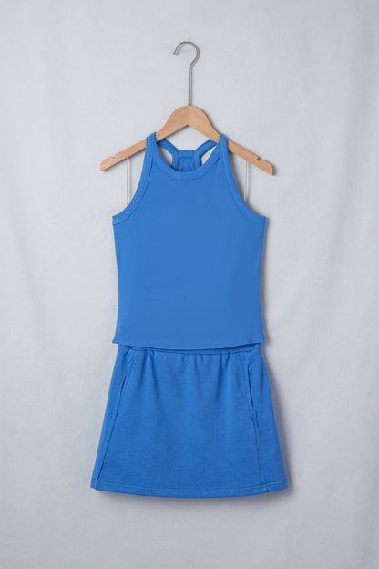 Green Slim Tank Top Elastic Waist Mini Skort 2pcs Outfit