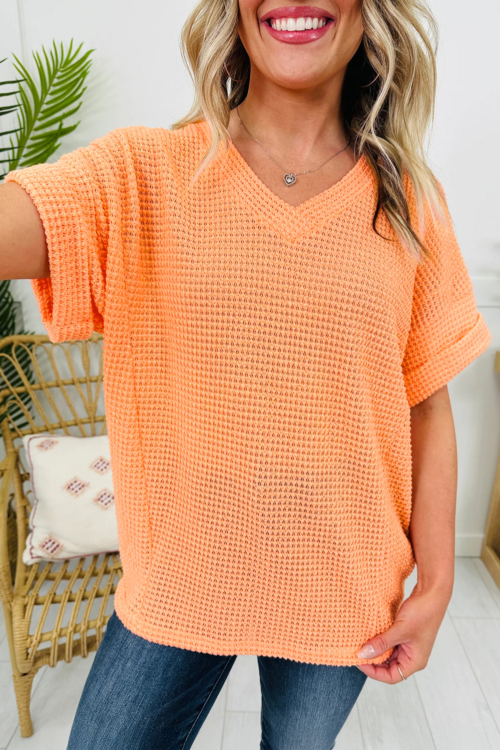 Grapefruit Orange Waffle V Neck Short Sleeve Knit Top