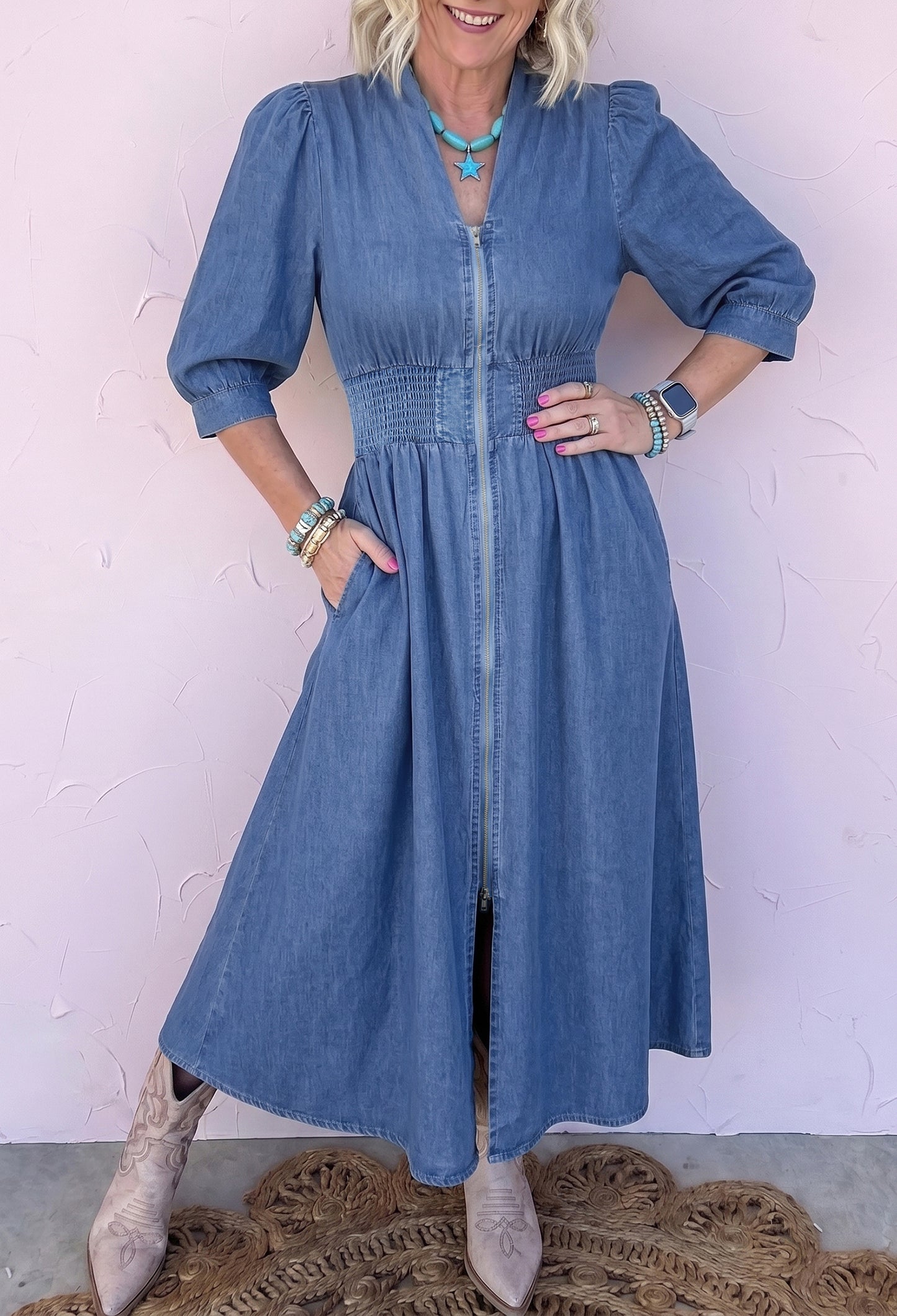 Blue V Neck Shirred Waist Metal Zipper Denim Midi Dress
