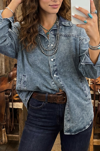 Dusk Blue Western Long Sleeve Shirt Collar Tunic Denim Jacket