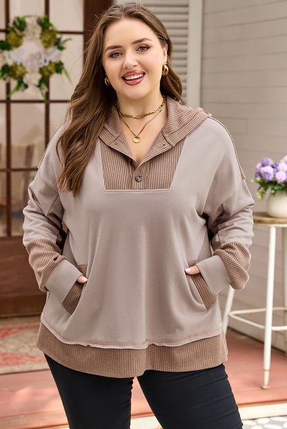 Goat Waffle Contrast Patchwork Plus Size Pocketed Hoodie