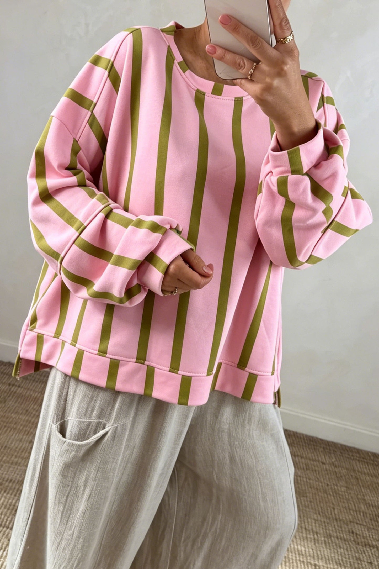 Green Stripe Dropped Shoulder Round Neck Casual Sweatshirt
