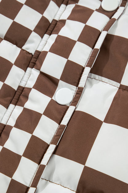 Brown Double Checked Stand Collar Cropped Puffer Vest