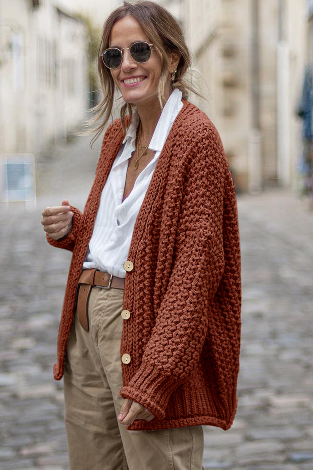 Cardigan vintage en maille torsadée boutonnée sur le devant 