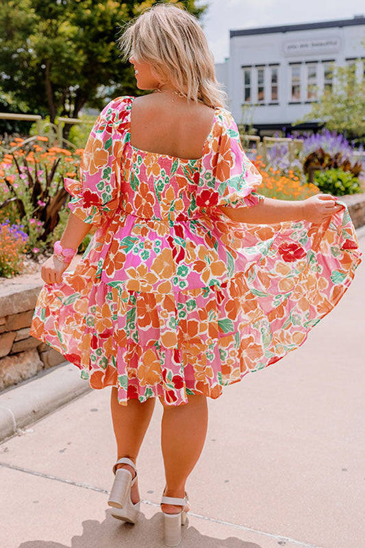 Pink Plus Size Floral Print Smocked Ruffle Tiered Dress