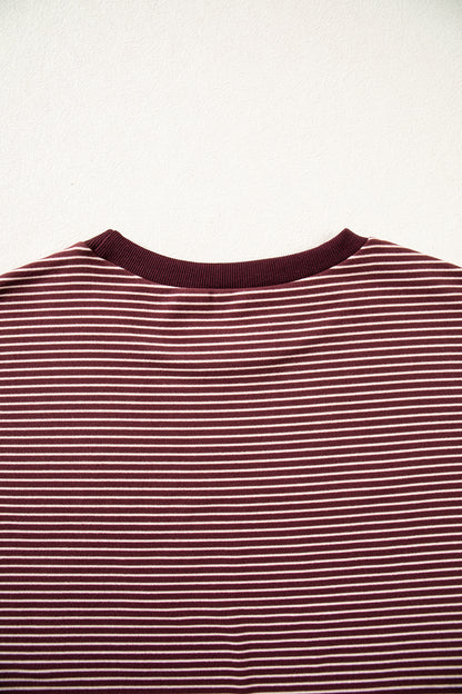 Brown Stripe Contrast Trim Round Neck Oversize Long Sleeve Top 2pcs Pant Set