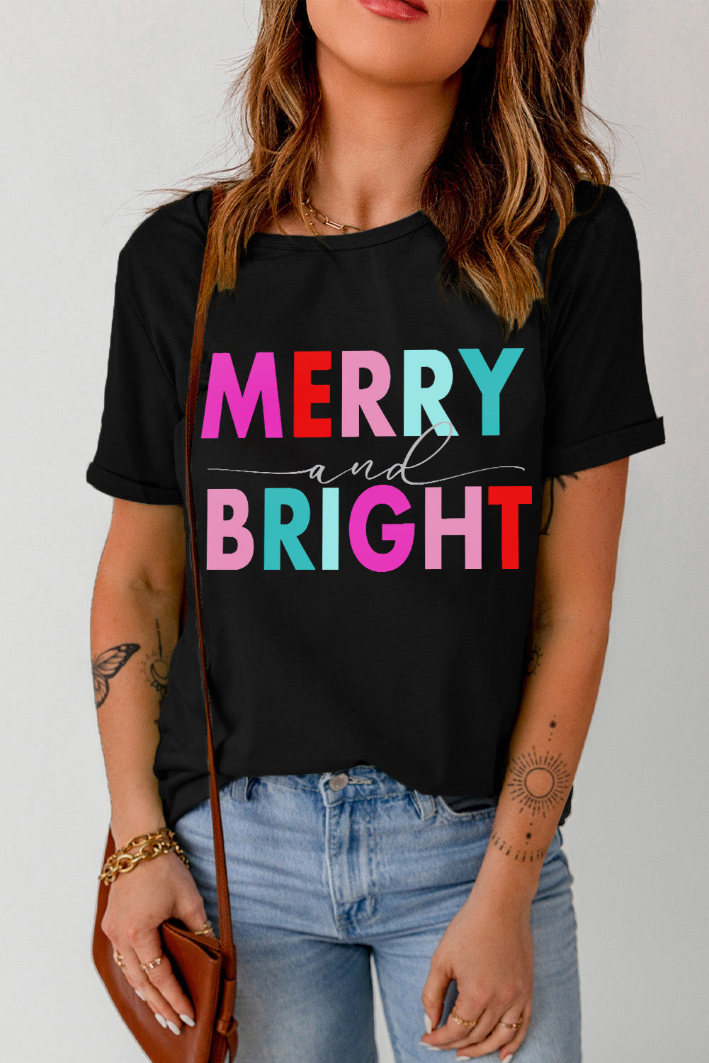 T-shirt noir à col rond et imprimé graphique MERRY and BRIGHT