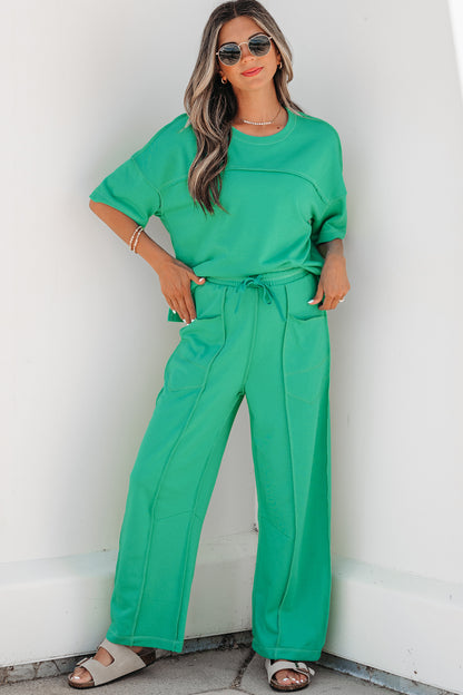 Rose Red Drop Shoulder Boxy Tee and Barrel Pants Set