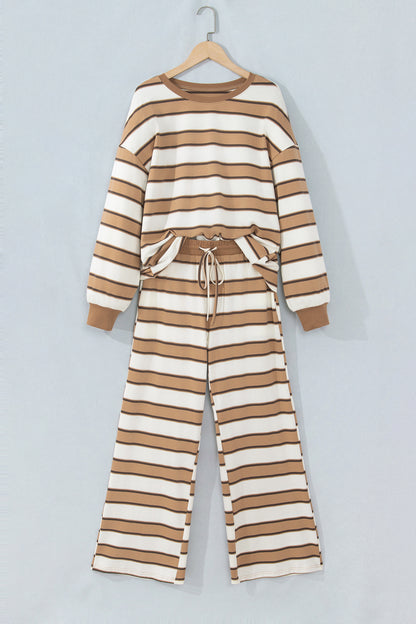 Khaki Stripe Contrast Trim Patchwork Casual Two-Piece Pants Set