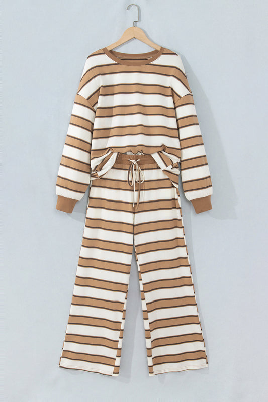 Khaki Stripe Contrast Trim Patchwork Casual Two-Piece Pants Set