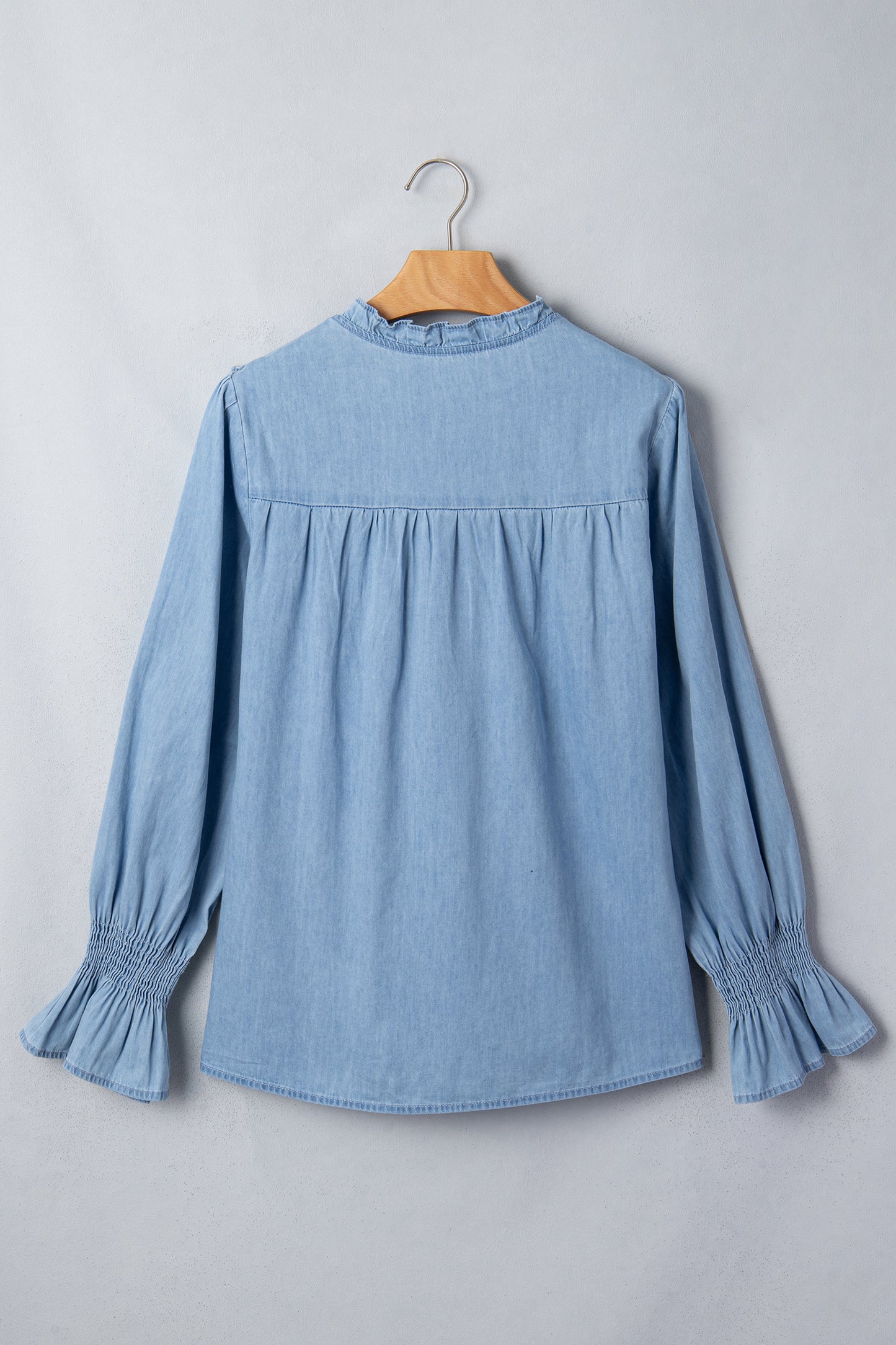Beau Blue Western Ruffle V Neck Long Sleeve Chambray Blouse