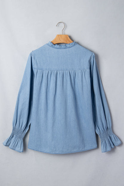 Beau Blue Western Ruffle V Neck Long Sleeve Chambray Blouse