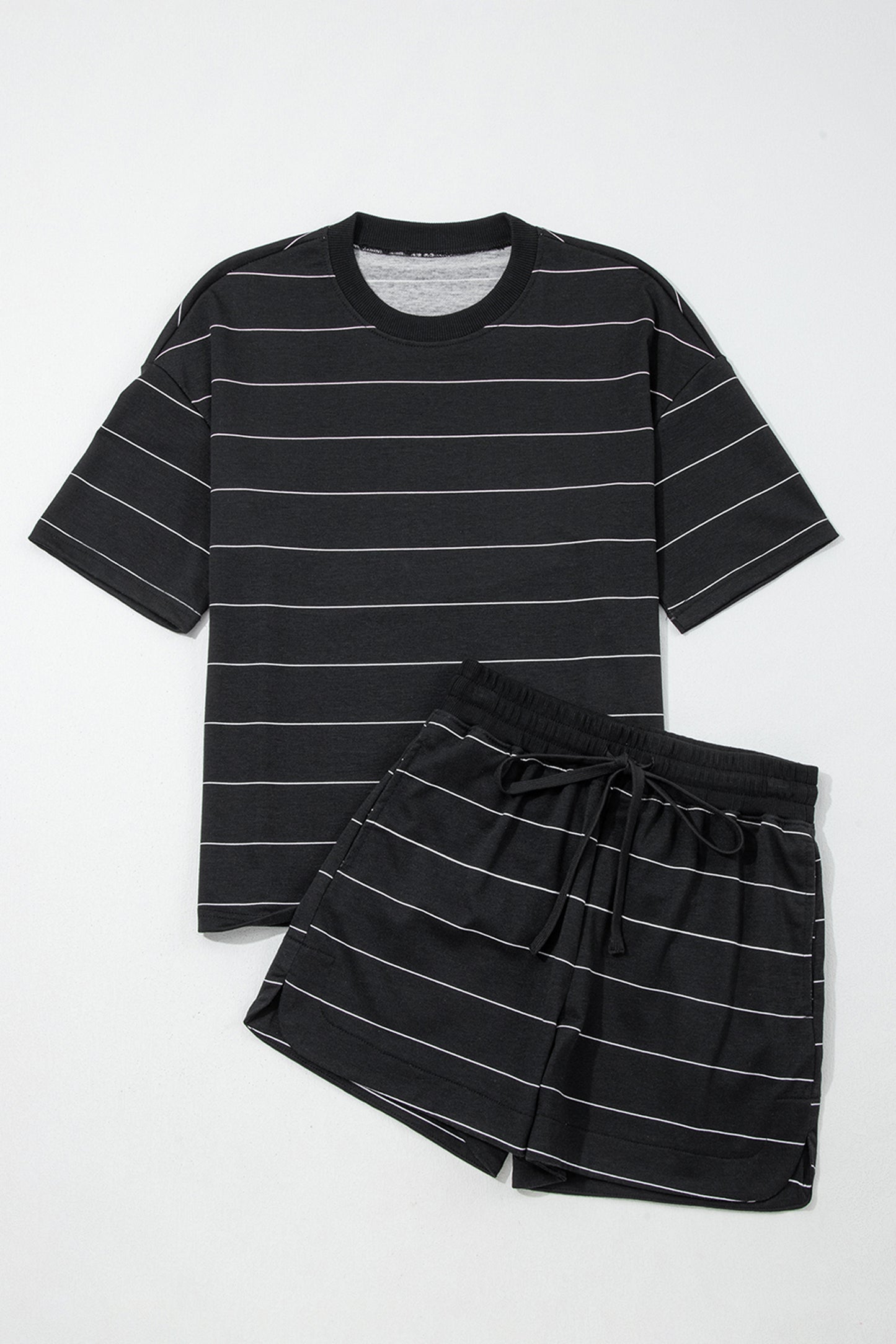Black Stripe Half Sleeve Tee Drawstring Shorts 2pcs Set