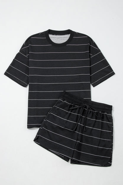 Black Stripe Half Sleeve Tee Drawstring Shorts 2pcs Set