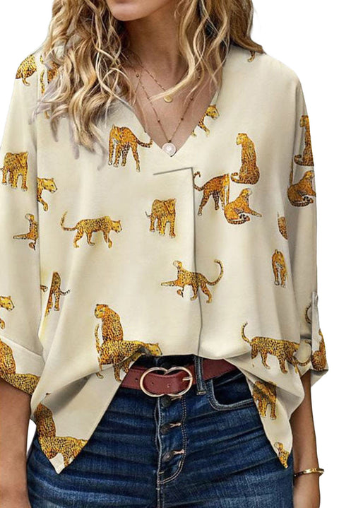 Apricot Printed Leopard Print Tab Sleeve Loose Fit V Neck Blouse