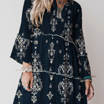 Blue Boho Floral Print Lettuce Trim 3/4 Sleeve Mini Dress