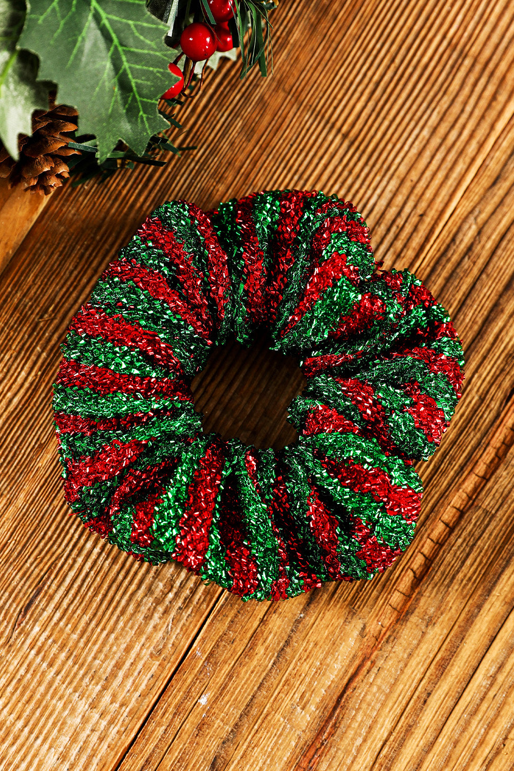 Burgundy Glitter 2-tone Stripes Christmas Hair Tie