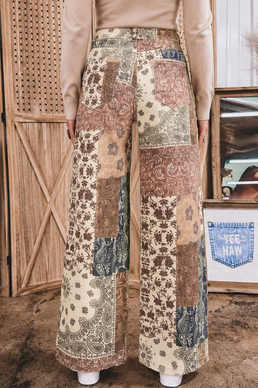Khaki Western/ Patchwork Print Casual Shift Jeans