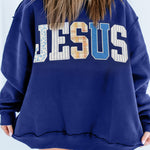 Navy Blue JESUS Mixed Pattern Embroidered Patch Graphic Mock Neck Sweatshirt