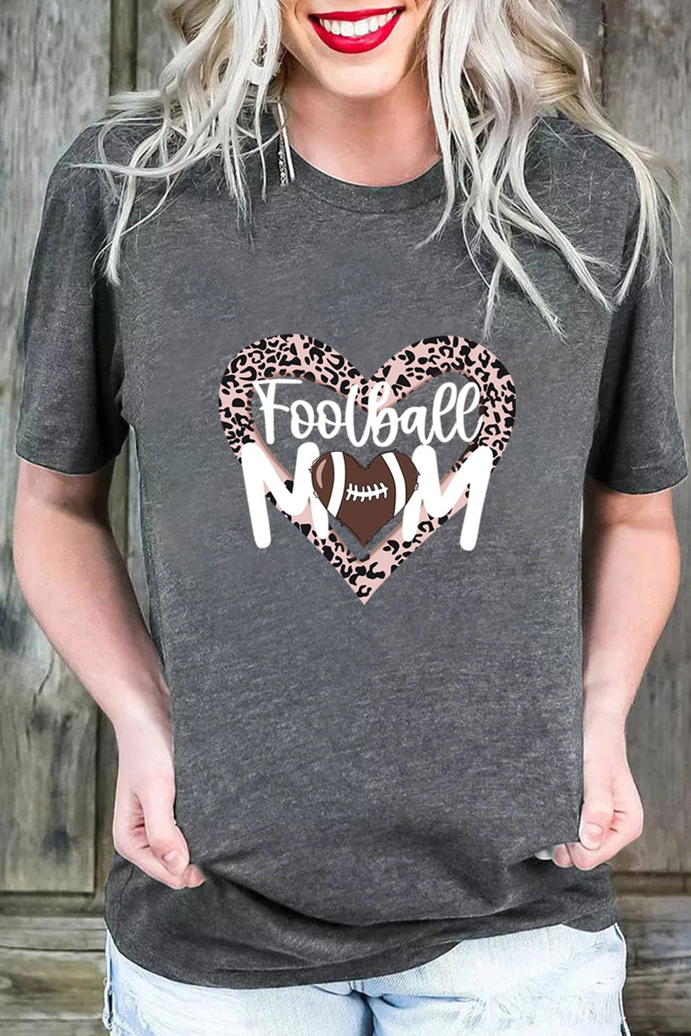 Gray Leopard Heart Shaped Letter Graphic Print T-shirt