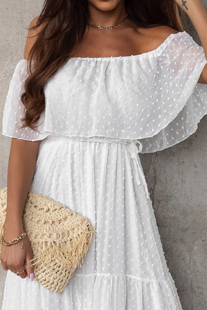 Yellow Yellow Off Shoulder Ruffle Swiss Dot Maxi Dress