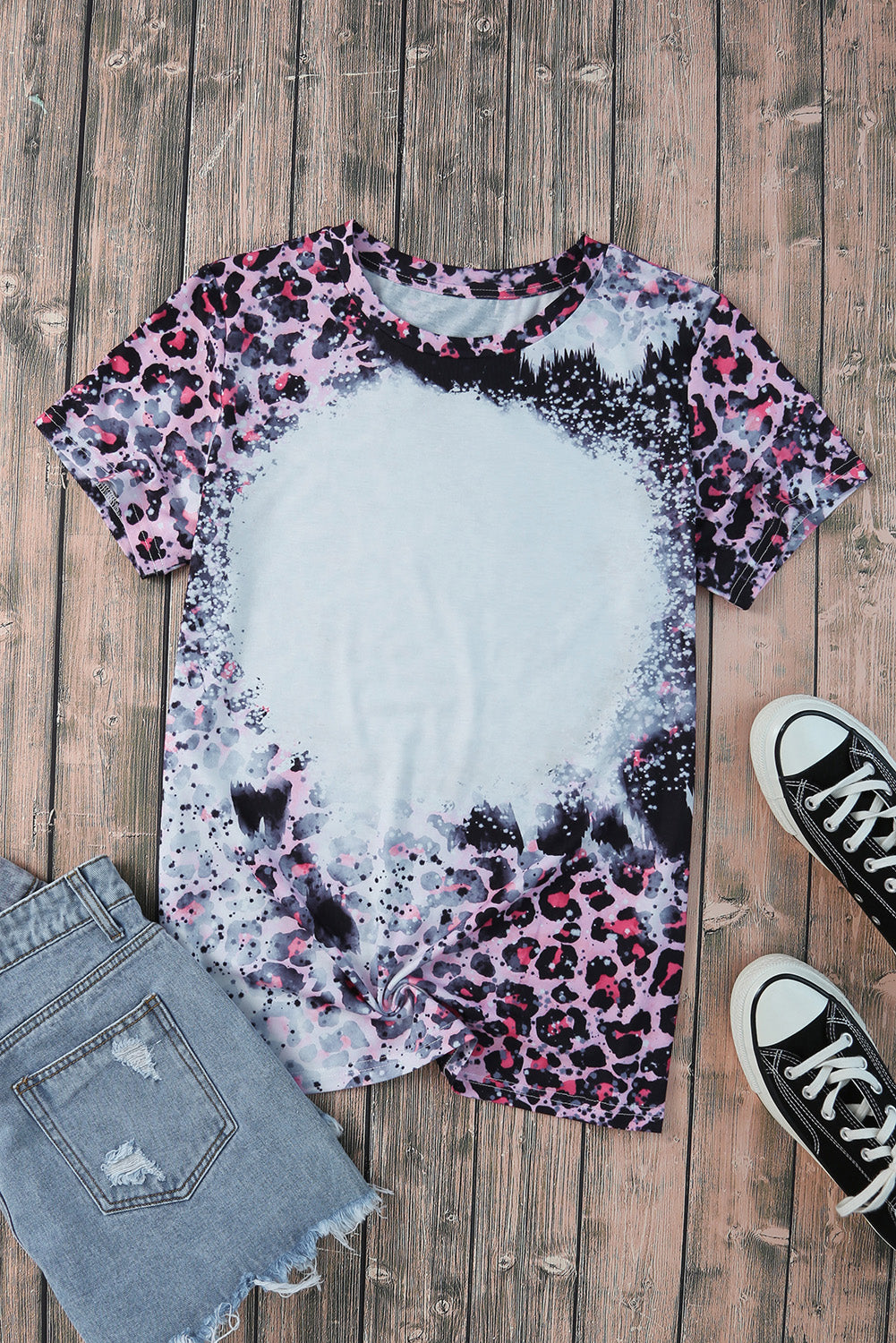 Blank Apparel - Pink Leopard Dyed Print Bleached Blank Tee