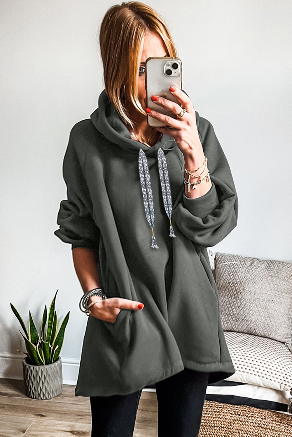 Dirty blue Fleece Lined Adjustable Drawstring Oversize Tunic Hoodie