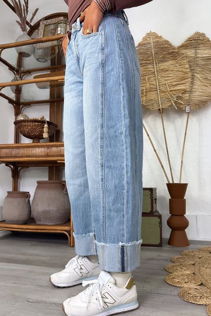 Myosotis Raw Hem Turnup Loose Ankle-length Jeans