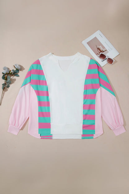 White Striped Colorblock V Neck Shift Long Sleeve Plus Size Blouse