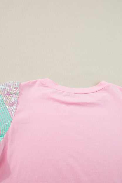 Haut à manches bouffantes rayé à paillettes roses